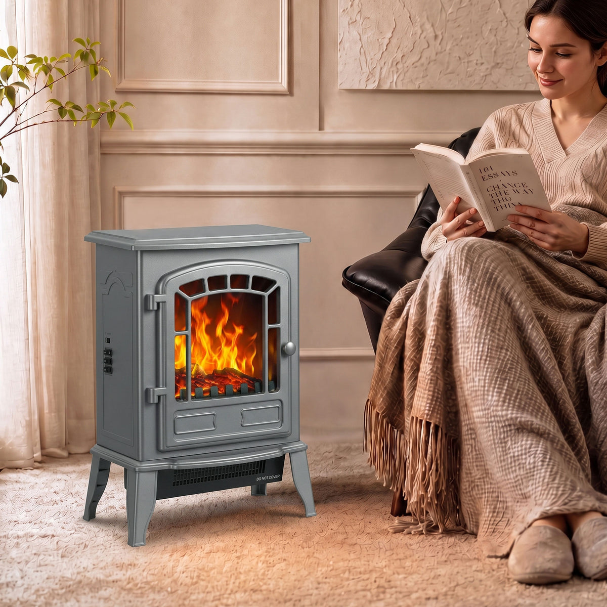 Homcom Freestanding Electric Fireplace Heater With Led Flame Effect Grey