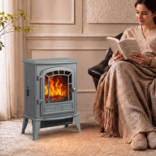 Grey freestanding electric fireplace heater with LED flame effect behind glass door.