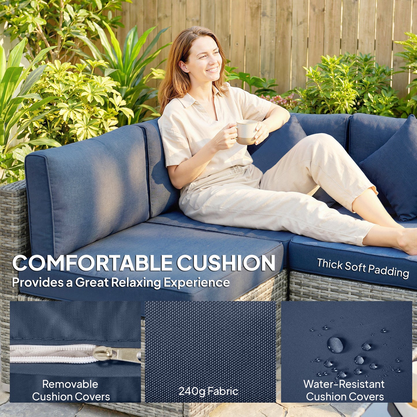 Outsunny 8 Piece PE Rattan Corner Sofa Set Outdoor Garden Furniture Patio Wicker with Cushions Dark Blue