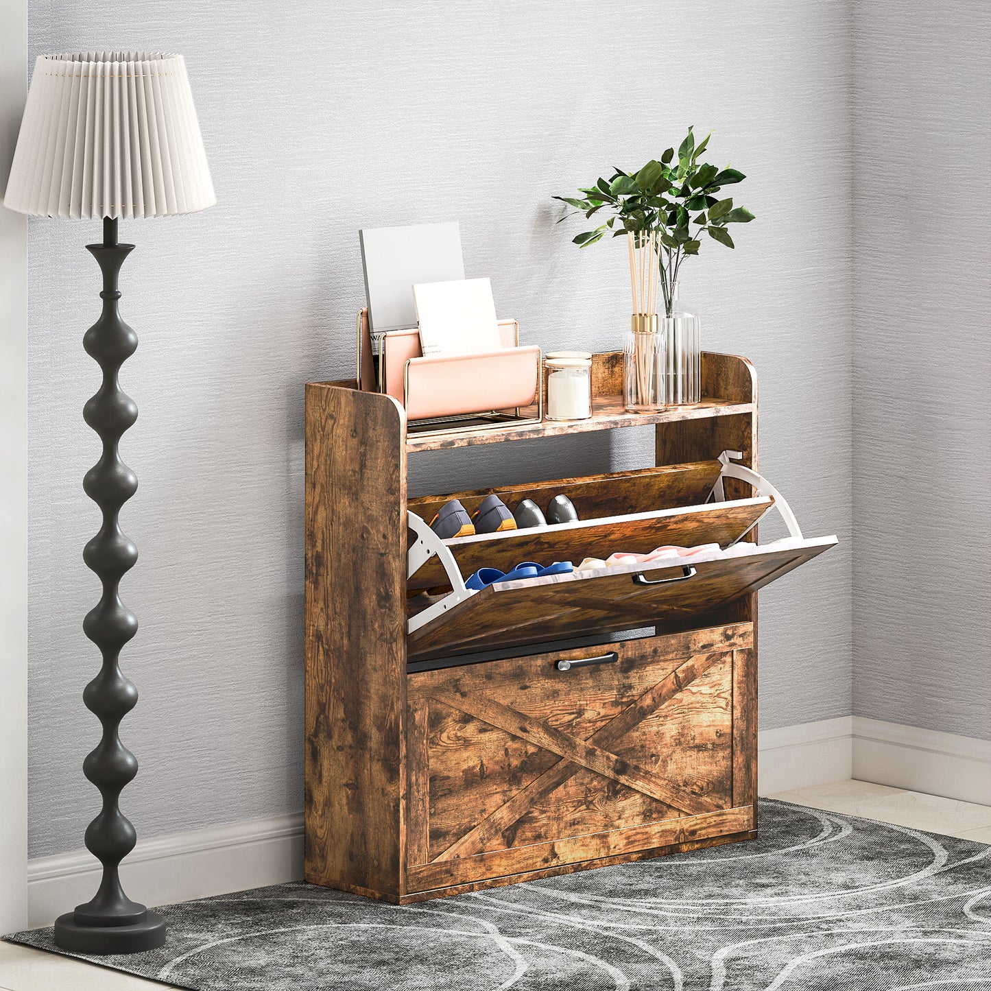 HOMCOM Narrow Shoe Cabinet With Two Flip Drawers And Adjustable Shelves Rustic Brown For Organization Up To 16 Pairs