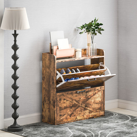 HOMCOM Narrow Shoe Cabinet With Two Flip Drawers And Adjustable Shelves Rustic Brown For Organization Up To 16 Pairs