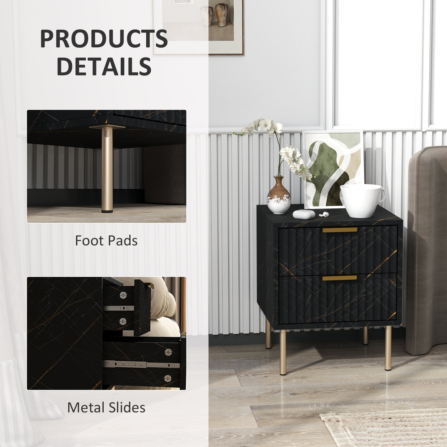 HOMCOM Marble Effect Sideboard Accent Cabinet With Adjustable Shelf Fluted Doors And Drawers Black