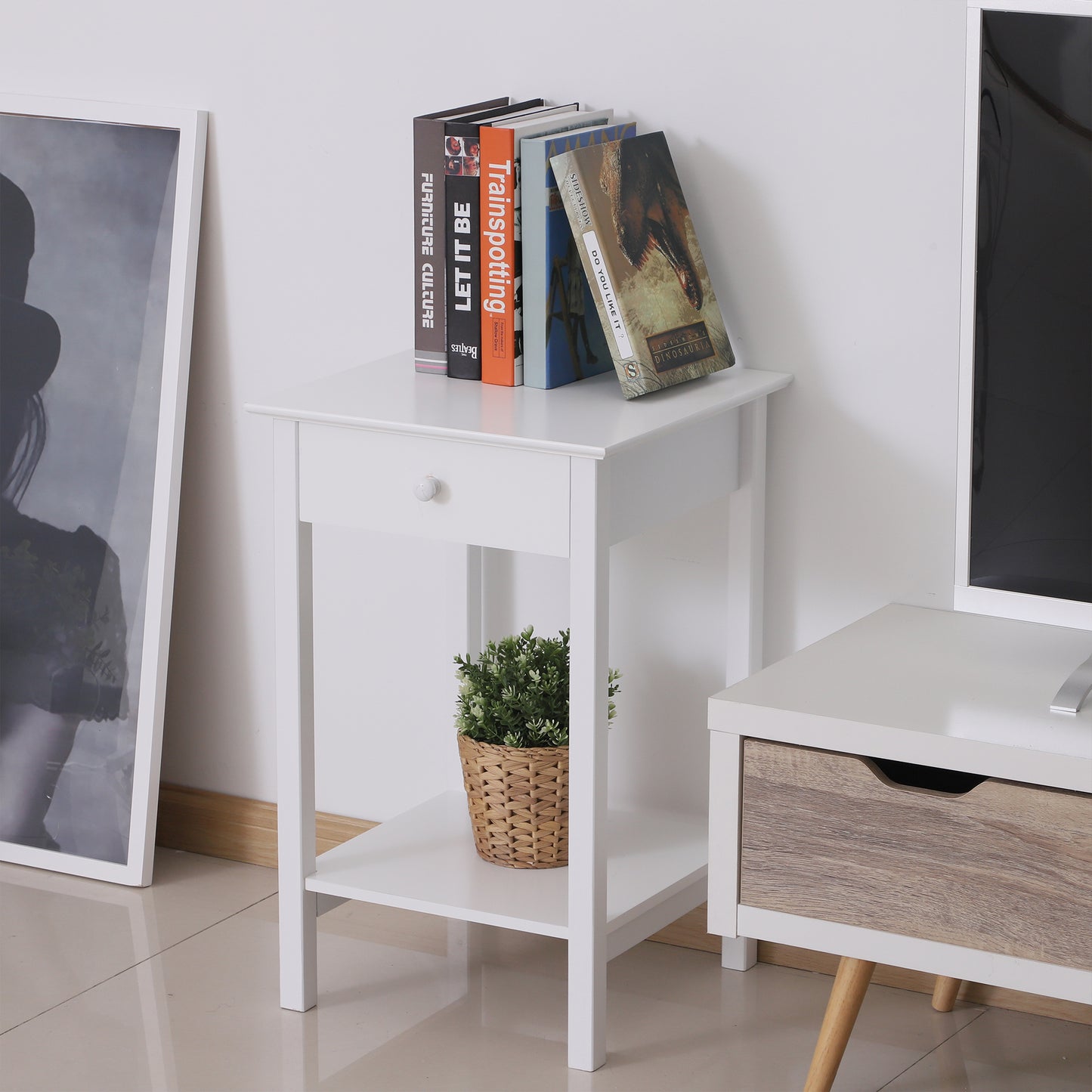 HOMCOM White Bedside Table Set Of 2 With Drawer And Storage Shelf Wooden Nightstand For Bedroom And Living Room