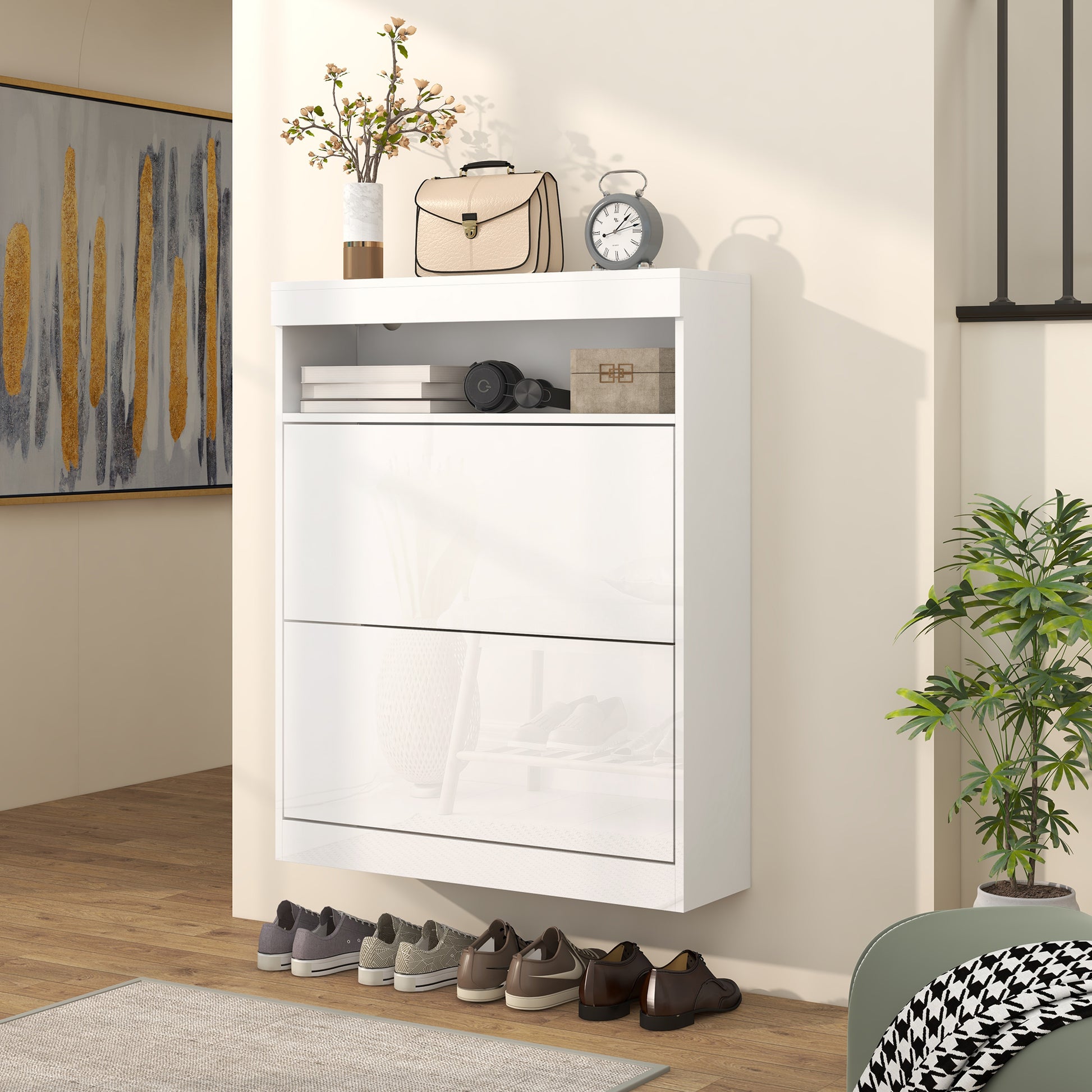 HOMCOM 16-Pair White Shoe Storage Cabinet with Dual Flip Doors - Versatile Wall-Mounted or Freestanding Design - ALL4U RETAILER LTD