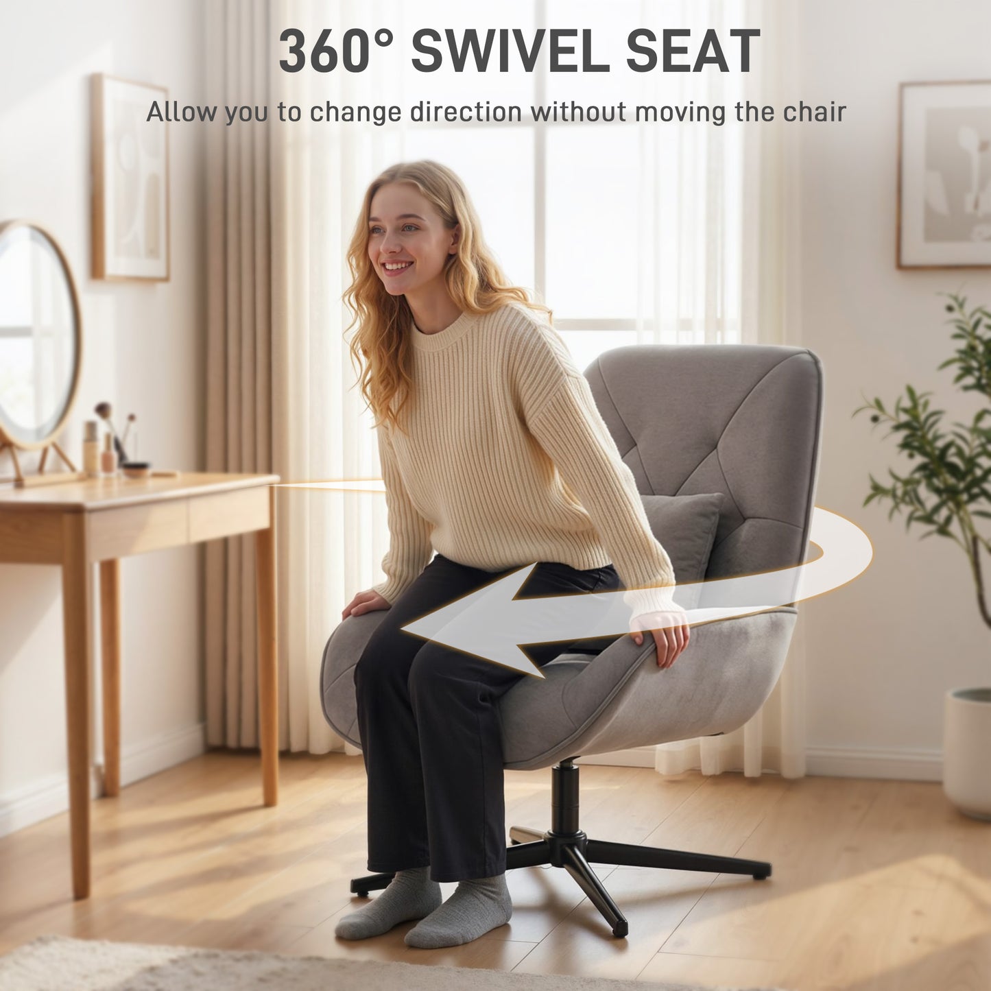 HOMCOM Chenille Accent Chair Swivel Armchair With Lumbar Pillow High Back Deep Seat Metal Legs Light Grey
