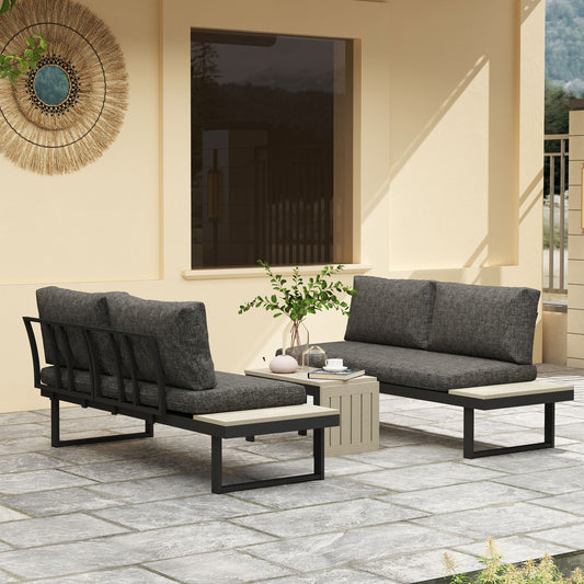Outsunny 4 Seater L Shaped Aluminium Garden Furniture Set With 2 Loveseats And Wood Plastic Coffee Table Dark Grey