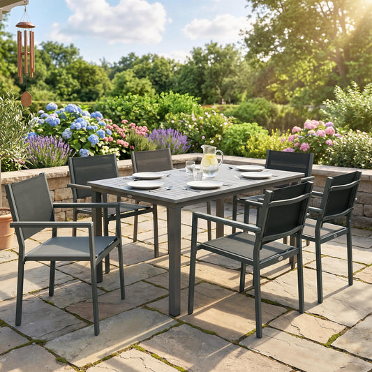 Outsunny Seven Piece Garden Dining Set With Acacia Wood Table Top And Texteline Chairs For Six In Grey