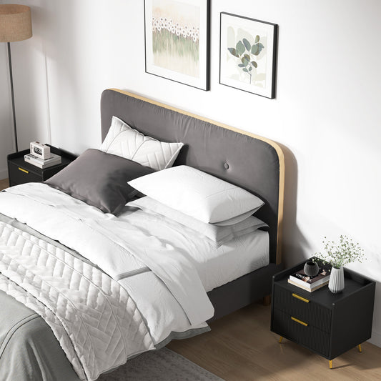 HOMCOM Elegant Two Drawer Bedside Table Set Of Two In Black With Ridged Fronts And Gold Tone Handles
