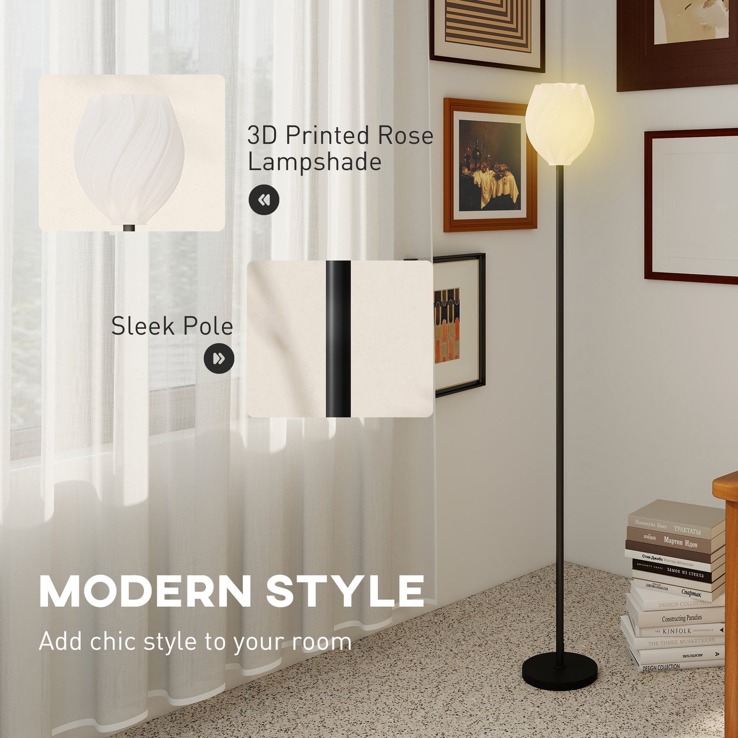 HOMCOM Flower Floor Lamp With 3D Printed Rose Lampshade Modern Standing Lamp Foot Switch E27 Holder 25W Max White