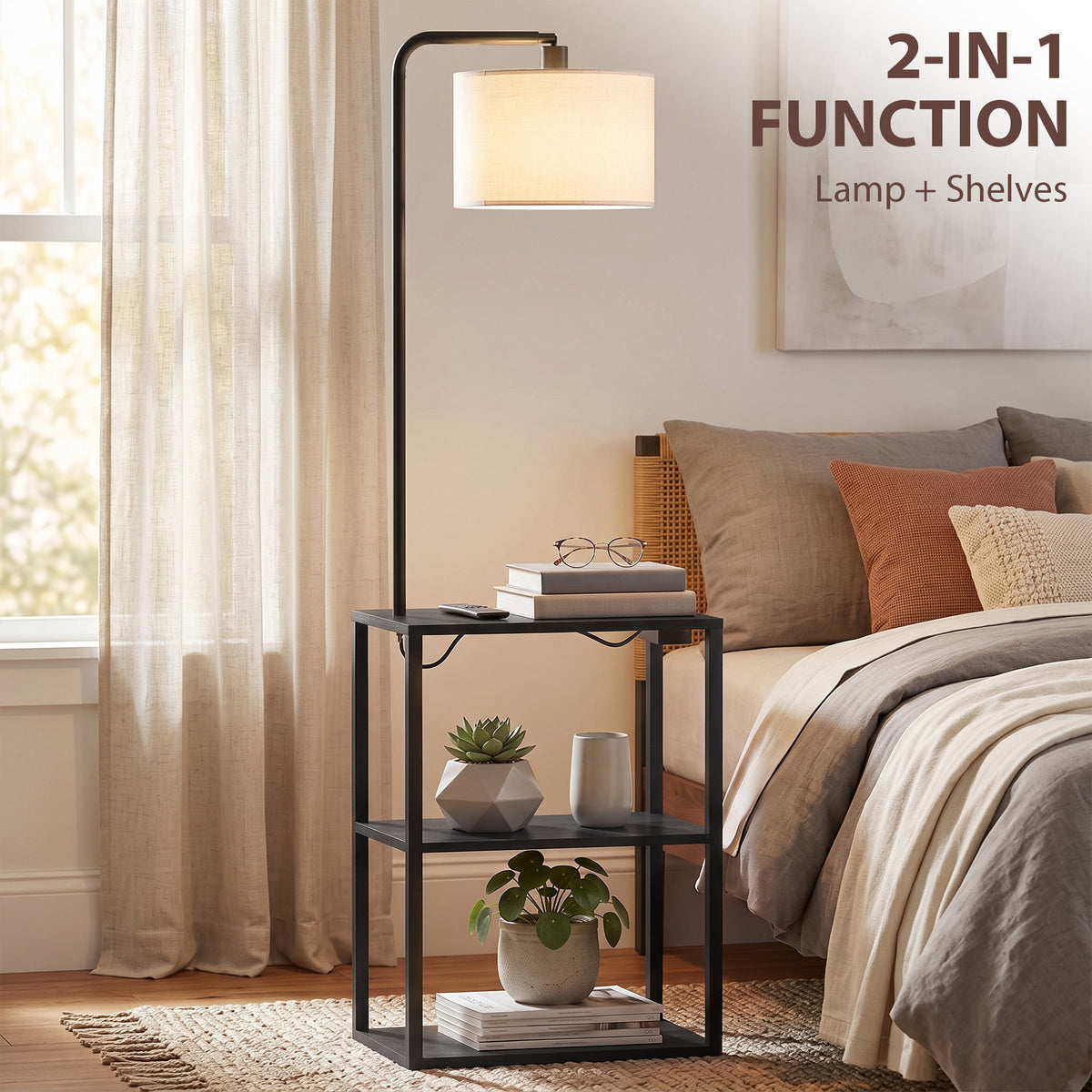 Black 3-tier shelf floor lamp with off-white shade and USB charging panel