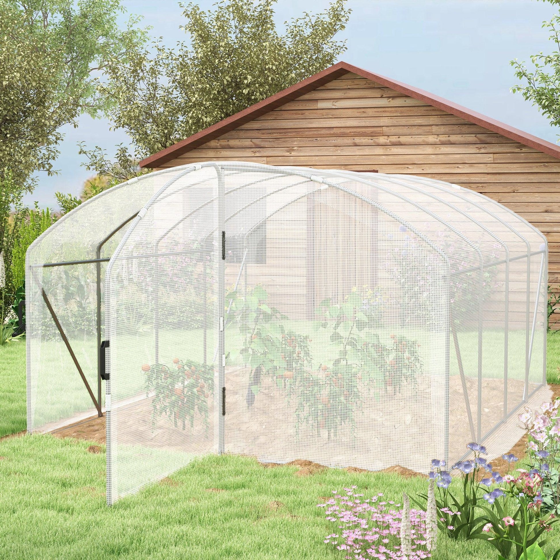 Outsunny Polytunnel Greenhouse Walk-in Grow House with UV-resistant PE Cover, Door, Galvanised Steel Frame, 4 x 3 x 2m, White - ALL4U RETAILER LTD