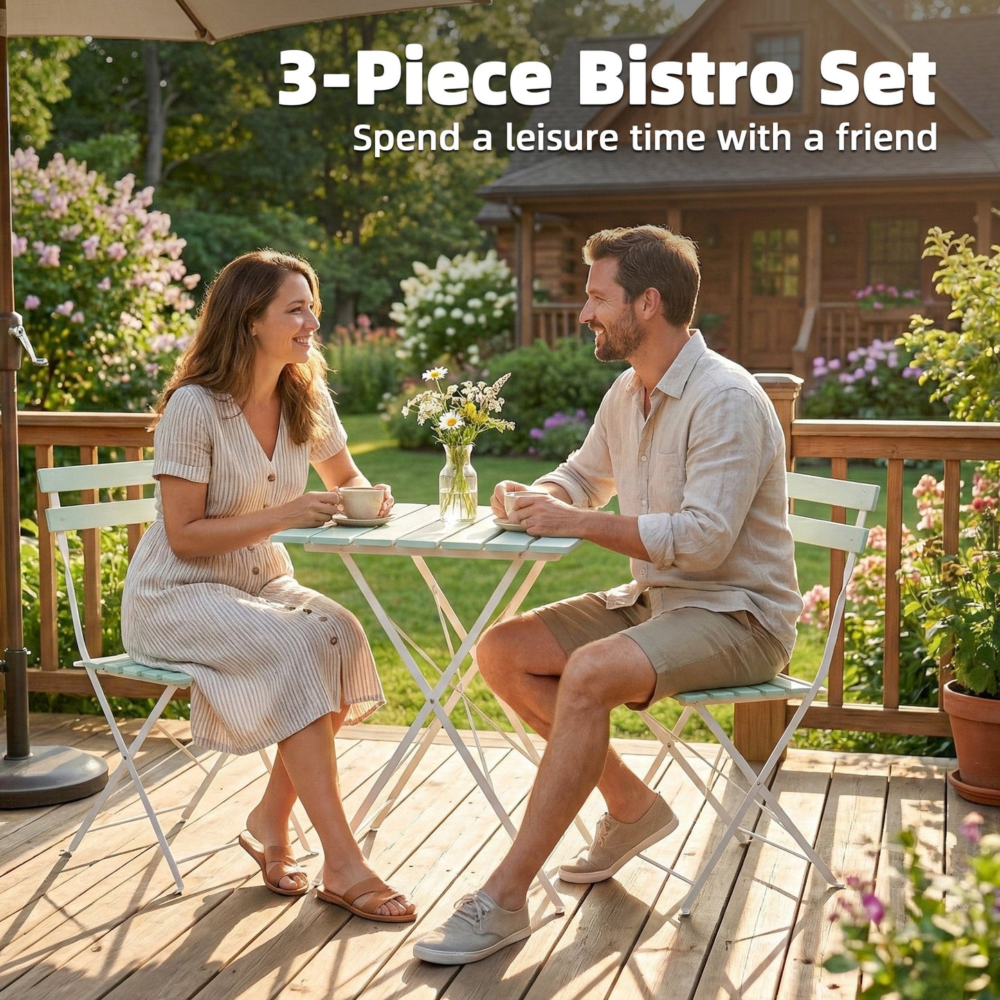 Outsunny Outdoor Folding Bistro Set With Table And Two Chairs For Two People Patio Balcony White And Green