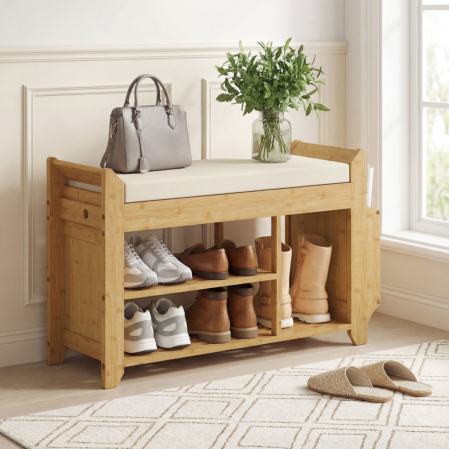 HOMCOM 2 Tier Shoe Bench With Cushioned Seat For Entryway Storage Natural And Cream 100 x 30 x 50 cm