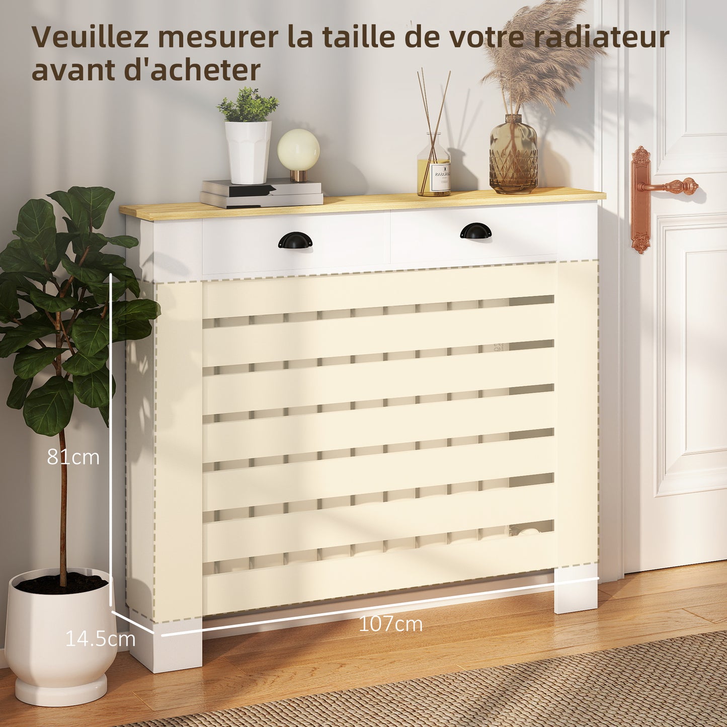 HOMCOM Slim Radiator Cover With Drawer White Slatted Design 95.5 H x 111 W cm MDF and Particle Board