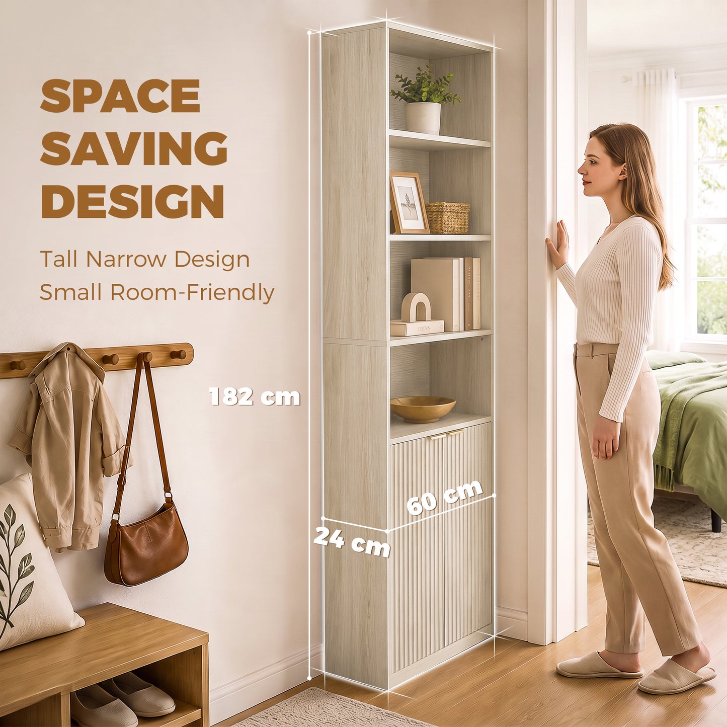 HOMCOM 6 Tier Small Bookshelf Slim Storage Unit With Cabinet Oak Effect