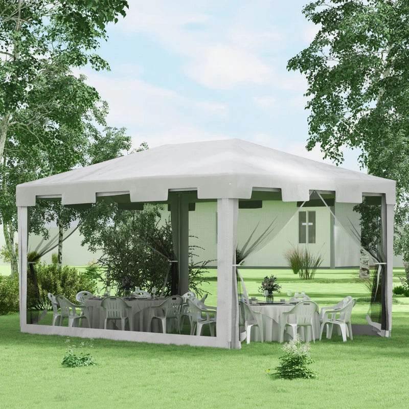White PE canopy party tent with mesh side panels and open front seating area