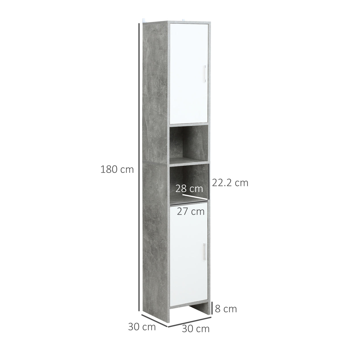 Tall slim cabinet with grey finish, white door panel, and two open shelf sections