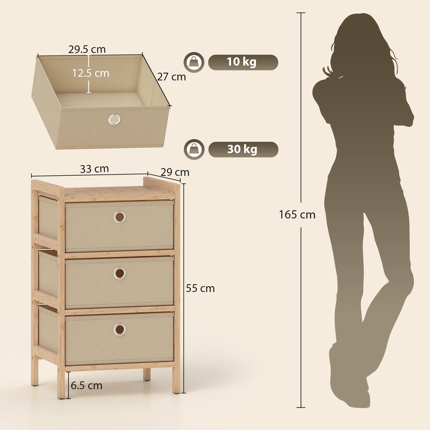 HOMCOM Narrow Chest Of Drawers With Bamboo Frame And 3 Fabric Drawers In Cream White