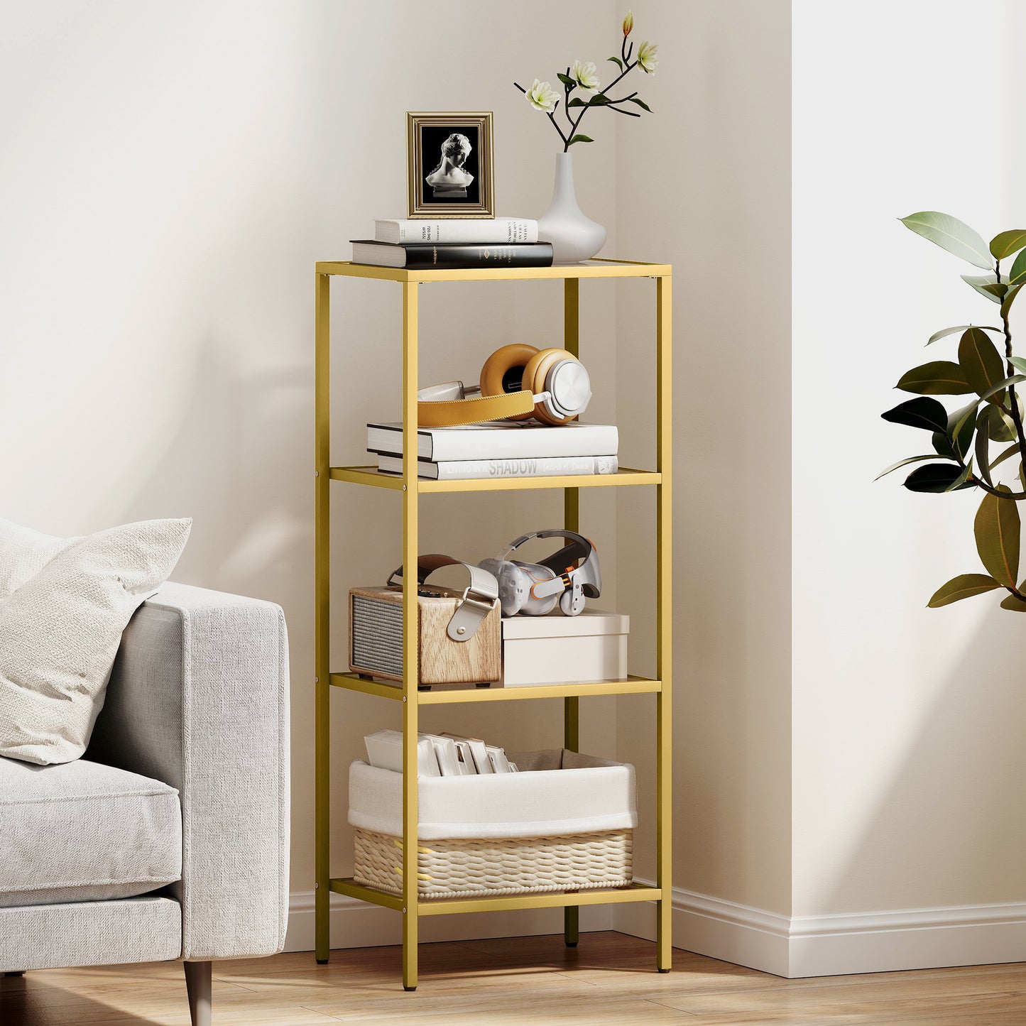 HOMCOM 4 Tier Glass Shelving Unit Gold Tone Vertical Storage for Living Room Home Office Bedroom Bathroom