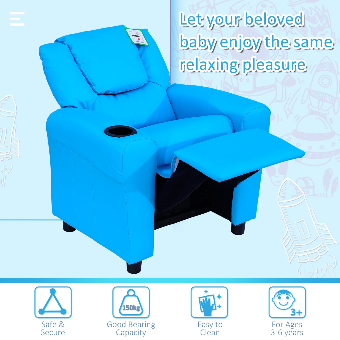 HOMCOM Blue Kids Recliner Chair with Cup Holder and Safety Features - ALL4U RETAILER LTD