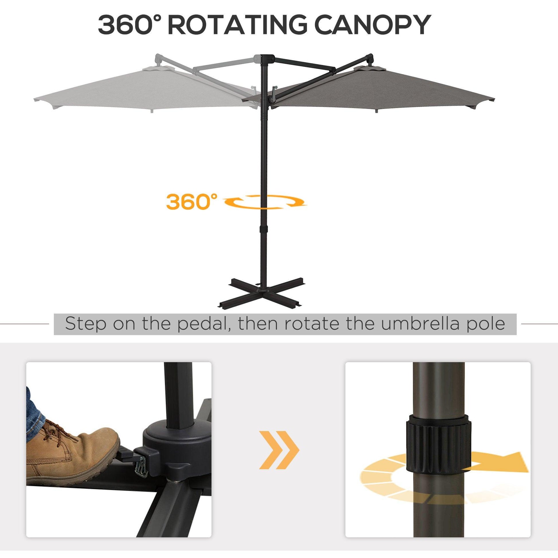 Outsunny 3 m Cantilever Banana Parasol with Cross Base, 360Â° Rotation Patio Umbrella with Crank Handle, Tilt, Dark Grey - ALL4U RETAILER LTD