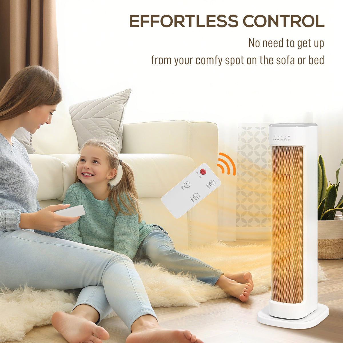 White ceramic tower heater next to a sofa with remote control for settings