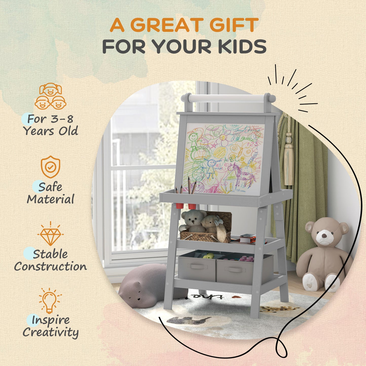 AIYAPLAY 3 in 1 Kids Easel Double Sided Magnetic Whiteboard and Chalkboard with Paper Roll and Storage Baskets Grey