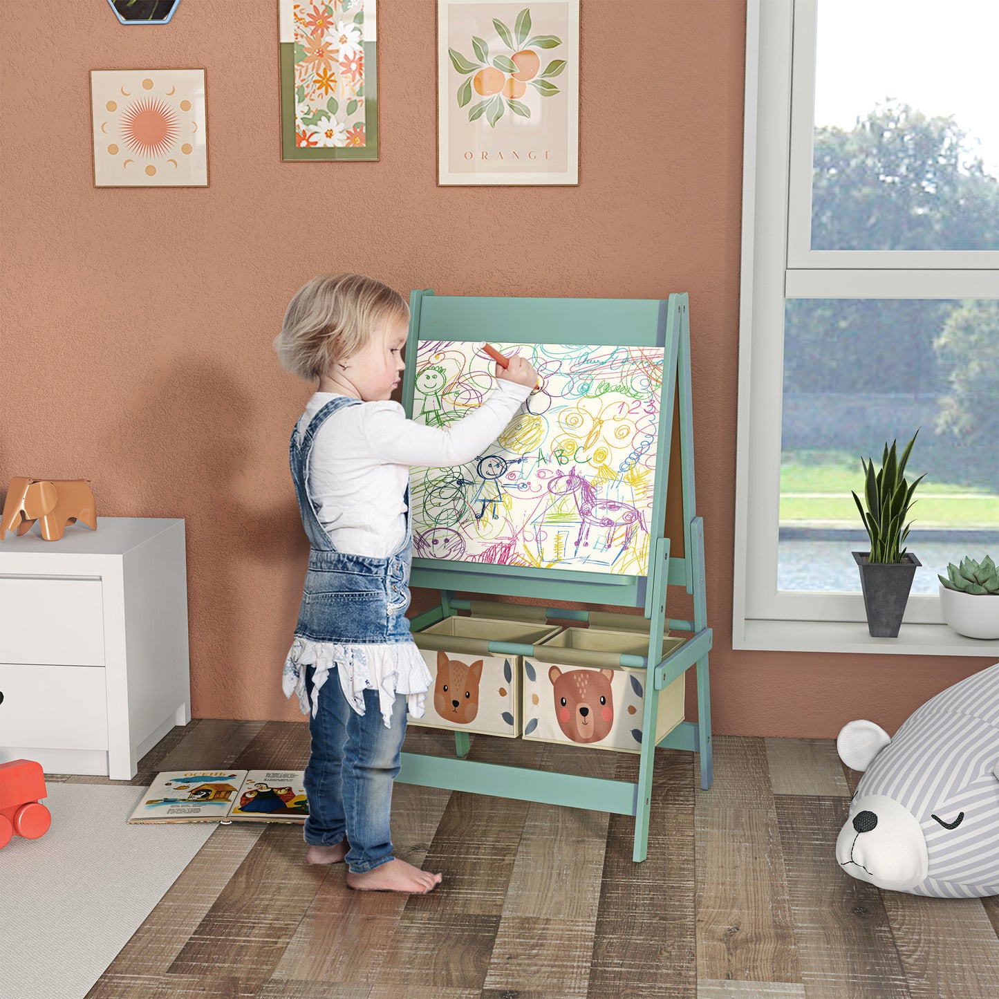 AIYAPLAY Three In One Kids Easel With Paper Roll Blackboard And Whiteboard Storage Green