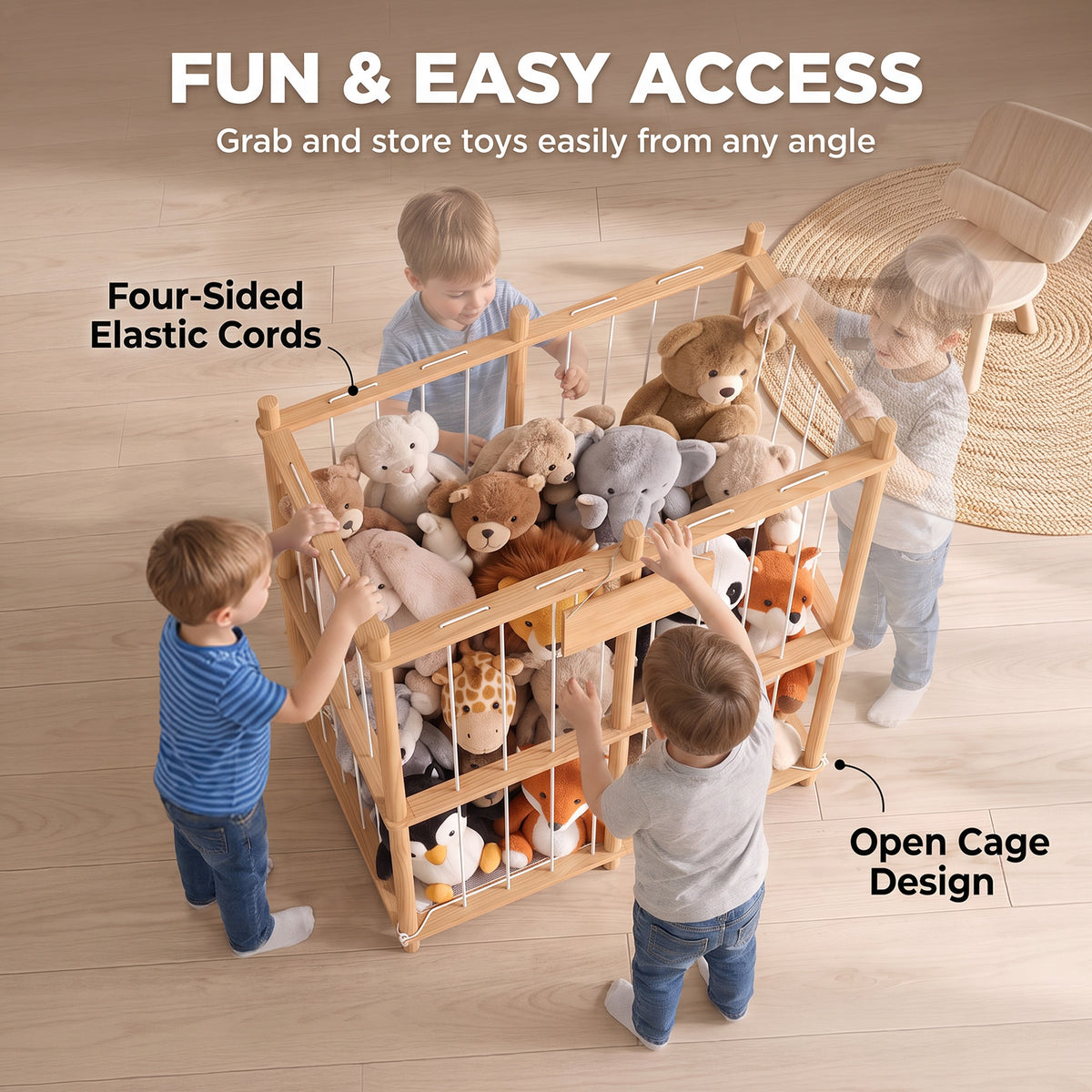 Wooden stuffed animal storage zoo organizer with open cage sides for easy toy access
