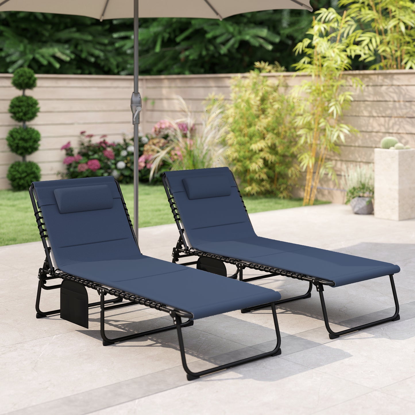 Outsunny Set Of Two Reclining Sun Loungers Dark Blue With Five Level Adjustable Backs And Side Pockets