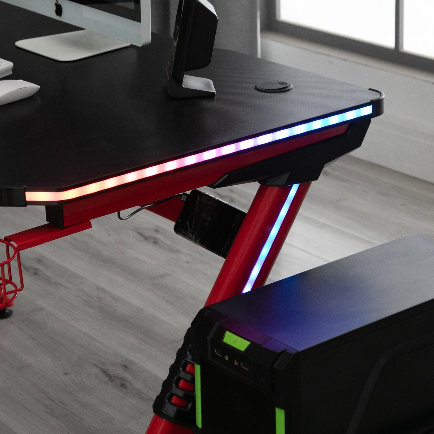 HOMCOM RGB LED Gaming Desk with Racing Style Design, Cup Holder & Cable Management in Red - ALL4U RETAILER LTD