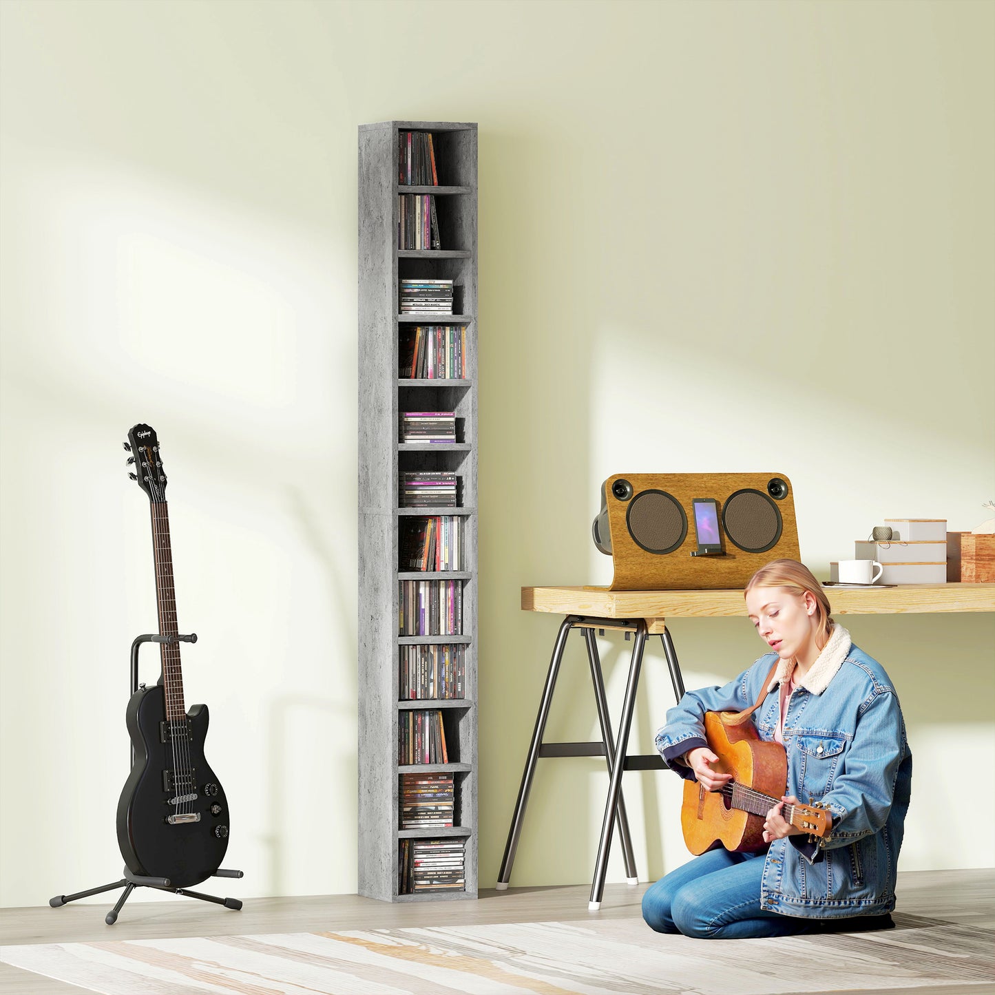 HOMCOM 204 CD Tall Narrow Media Storage Tower Cement Grey With Anti Tipping Design And Space Saving Slim Profile