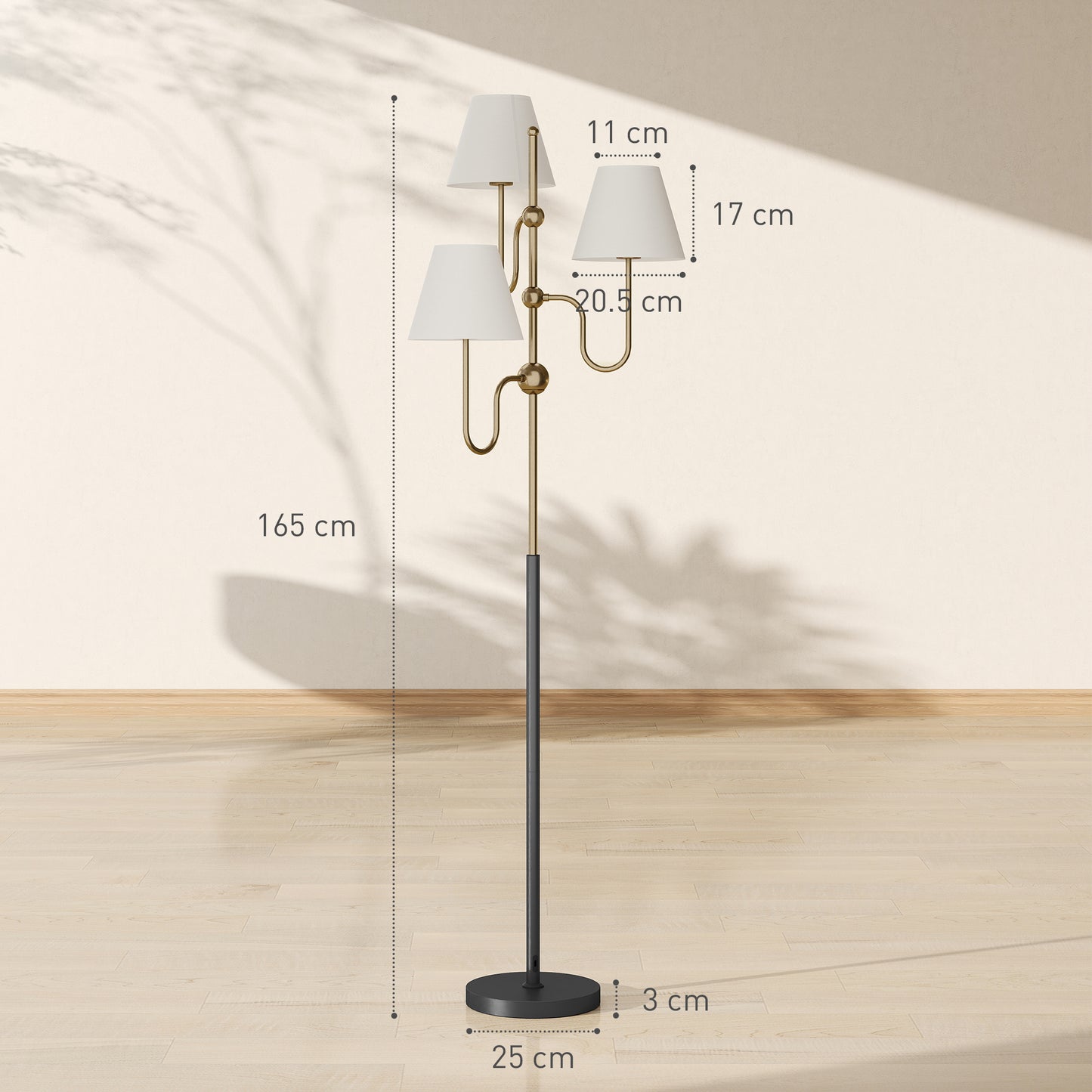HOMCOM Floor Lamp 165 cm Standing Lamp With 3 Lights and Foot Switch For Living Room Bedroom Office E27 Base 40W Max