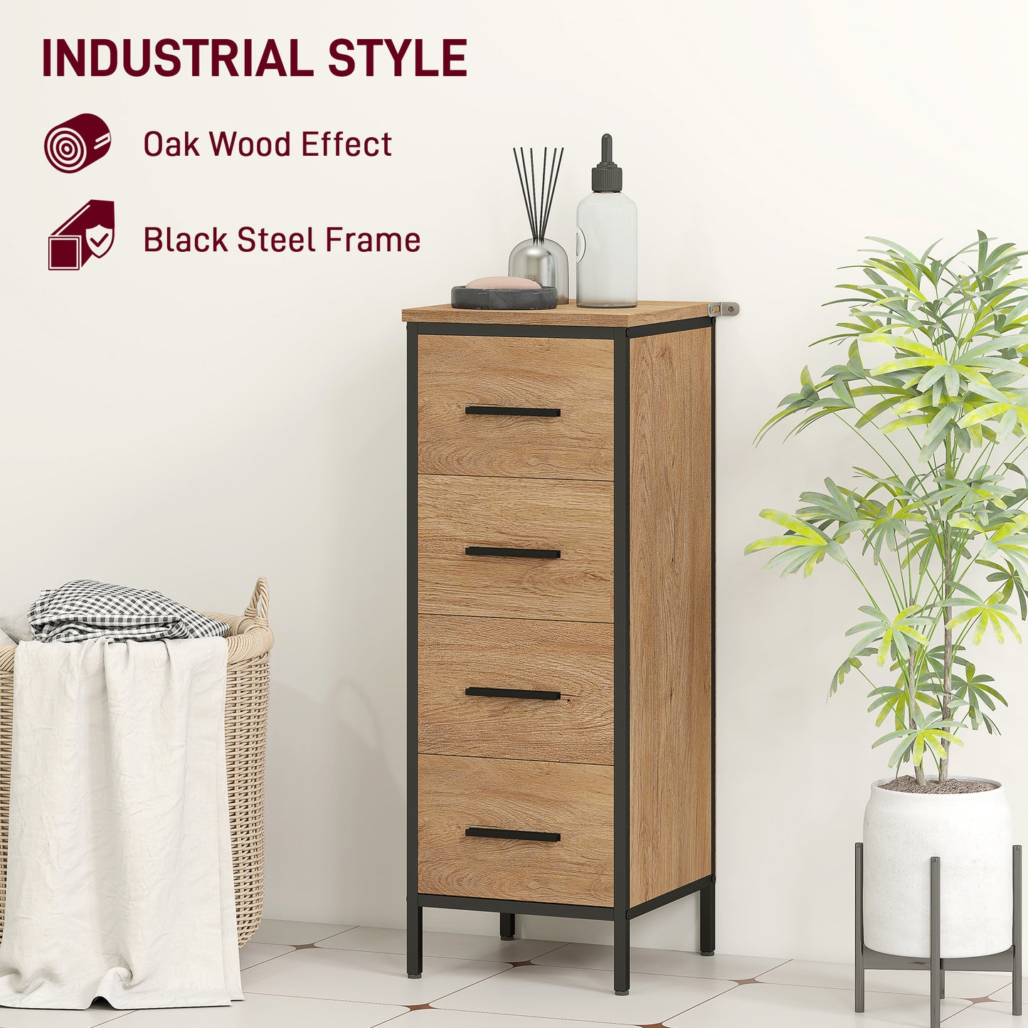 HOMCOM Narrow Bathroom Storage Cabinet With Four Drawers In Oak Finish For Small Bathrooms