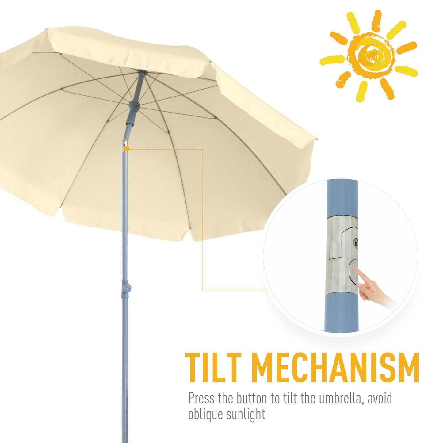 Outsunny 2.2M Beach Umbrella - Cream White, Tilt - ALL4U RETAILER LTD