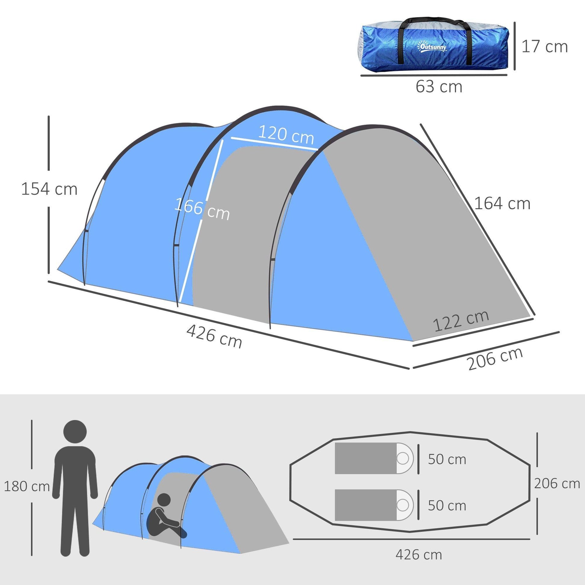 Outsunny 2-3 Man Tunnel Tent with Vestibule - Weather-Resistant - ALL4U RETAILER LTD