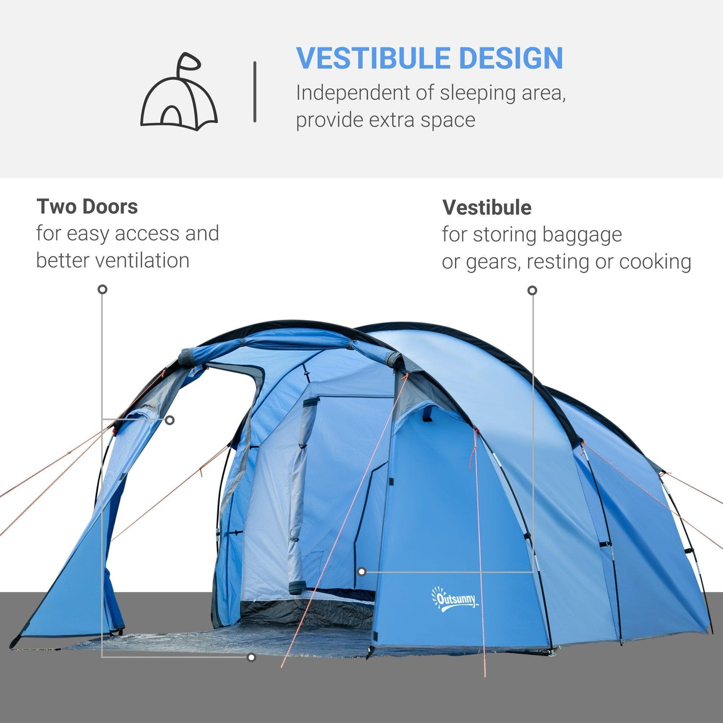 Outsunny 2-3 Man Tunnel Tent with Vestibule - Weather-Resistant - ALL4U RETAILER LTD