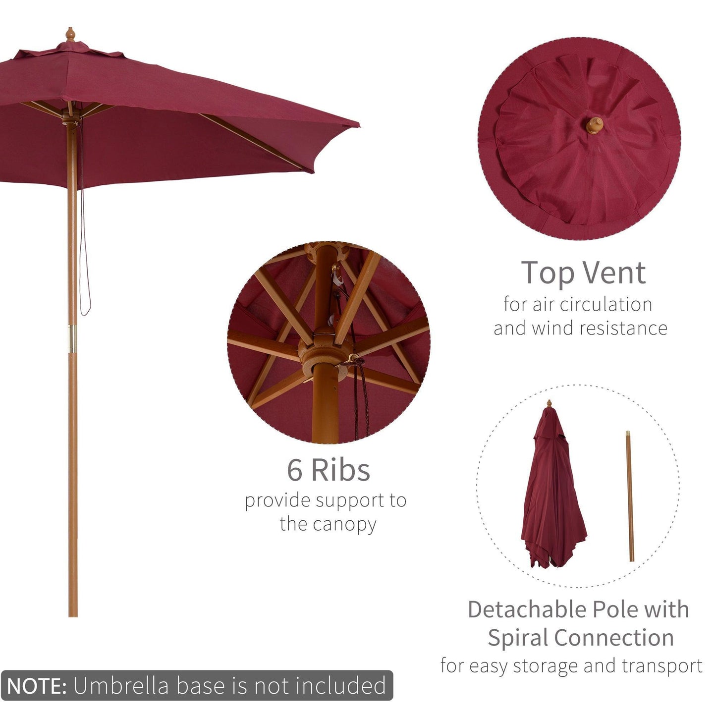 Outsunny 2.5m Wooden Garden Parasol Umbrella in Red Wine - ALL4U RETAILER LTD