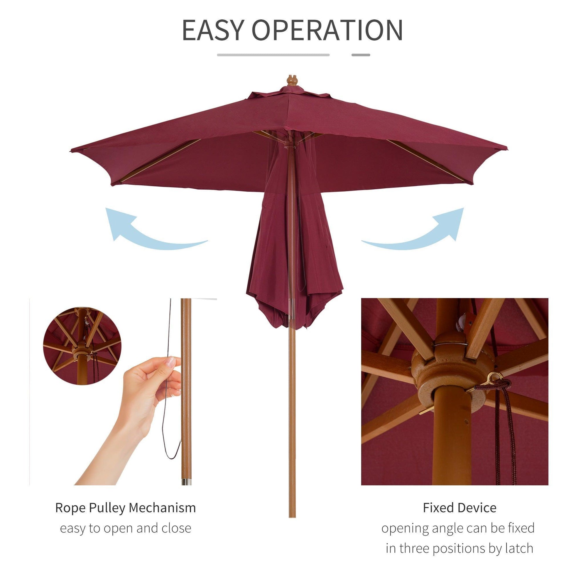 Outsunny 2.5m Wooden Garden Parasol Umbrella in Red Wine - ALL4U RETAILER LTD