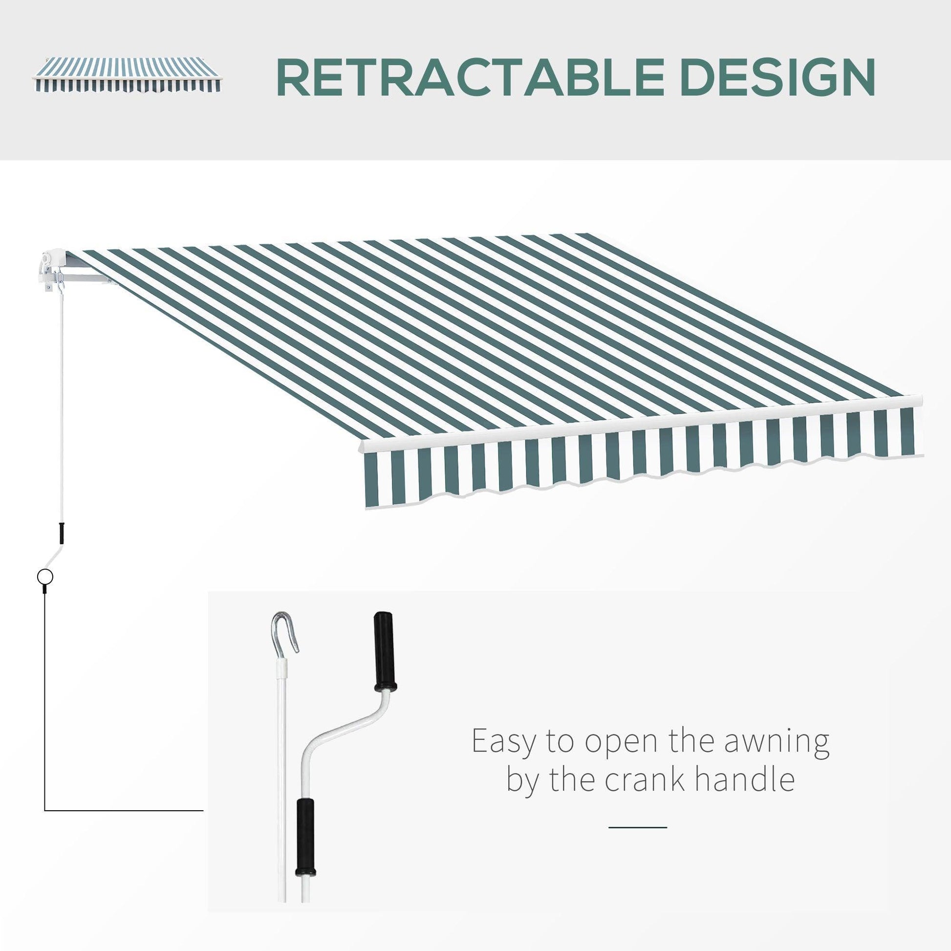 Outsunny 2.5m x 2m Manual Awning with Winding Handle - Green and White - ALL4U RETAILER LTD