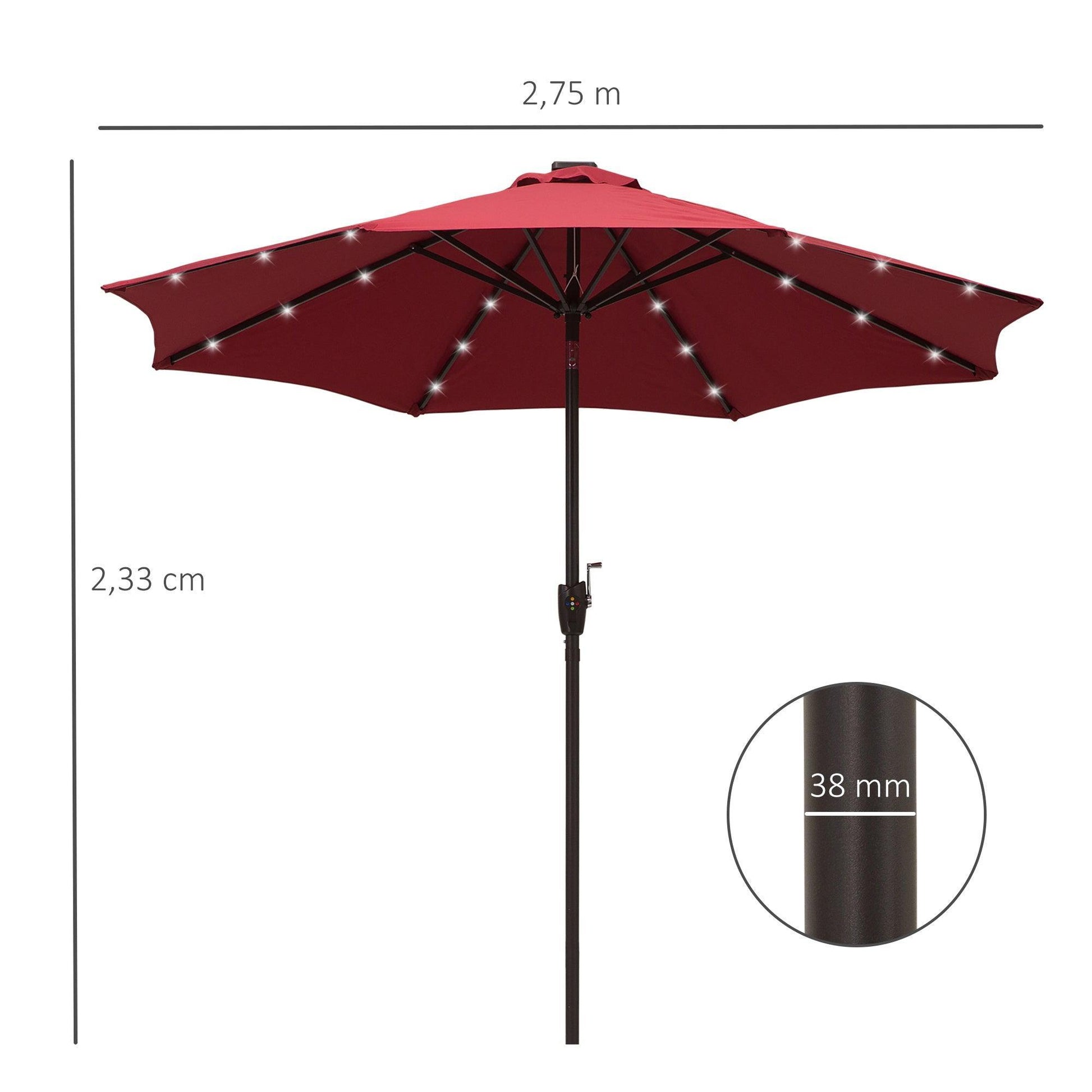 Outsunny 2.7m Solar LED Patio Umbrella - Red with Tilt, Hand Crank - ALL4U RETAILER LTD