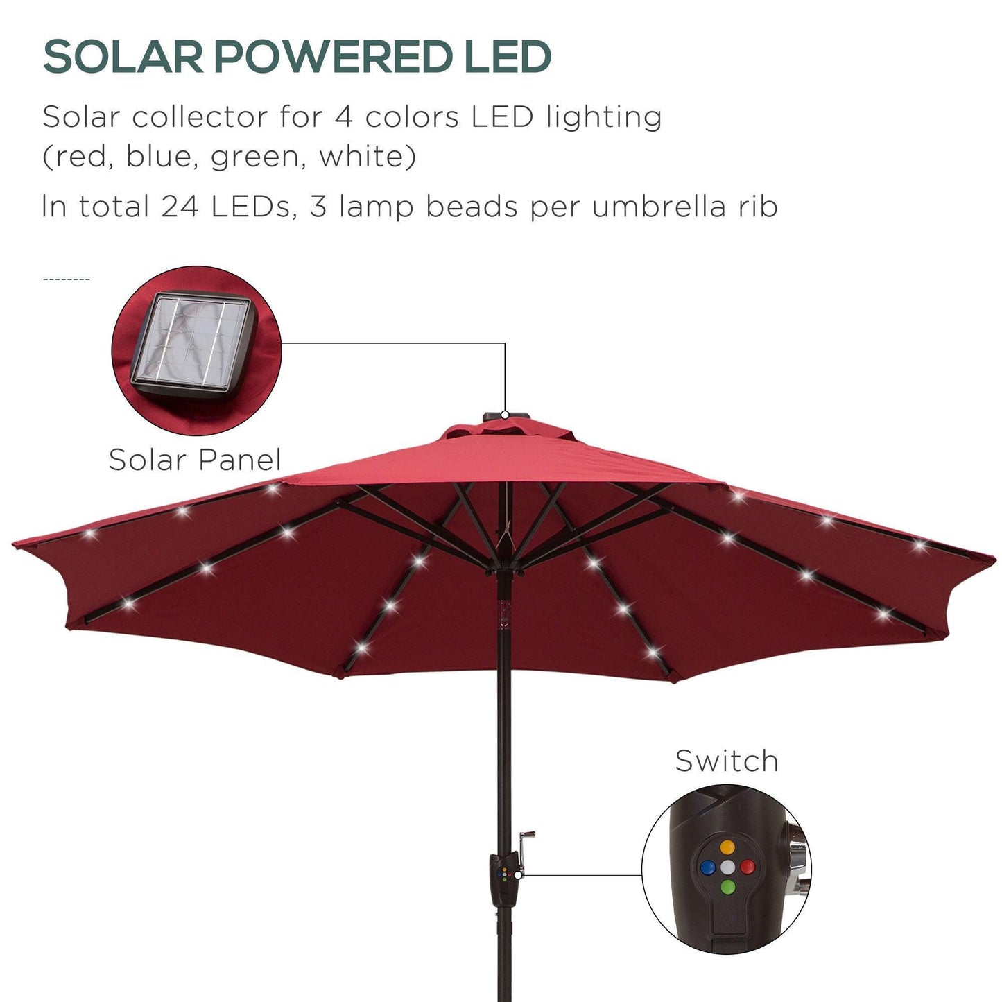 Outsunny 2.7m Solar LED Patio Umbrella - Red with Tilt, Hand Crank - ALL4U RETAILER LTD