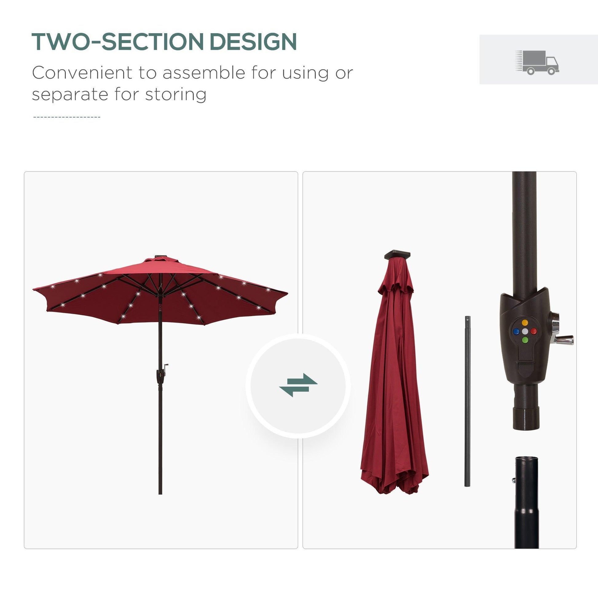 Outsunny 2.7m Solar LED Patio Umbrella - Red with Tilt, Hand Crank - ALL4U RETAILER LTD