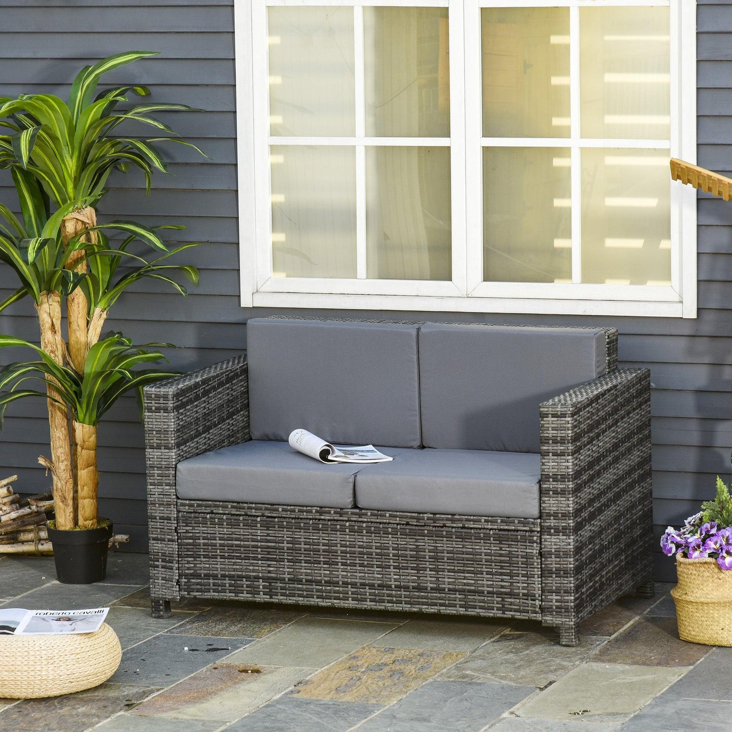 Outsunny 2-Seater Outdoor Rattan Sofa Chair - Grey - ALL4U RETAILER LTD