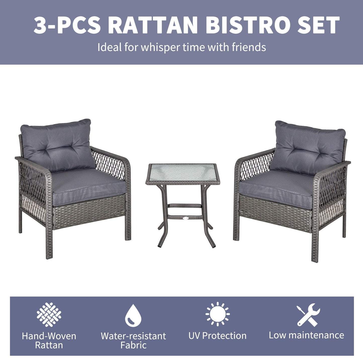 Outsunny 2 Seater Patio Rattan Bistro Set - Grey - ALL4U RETAILER LTD