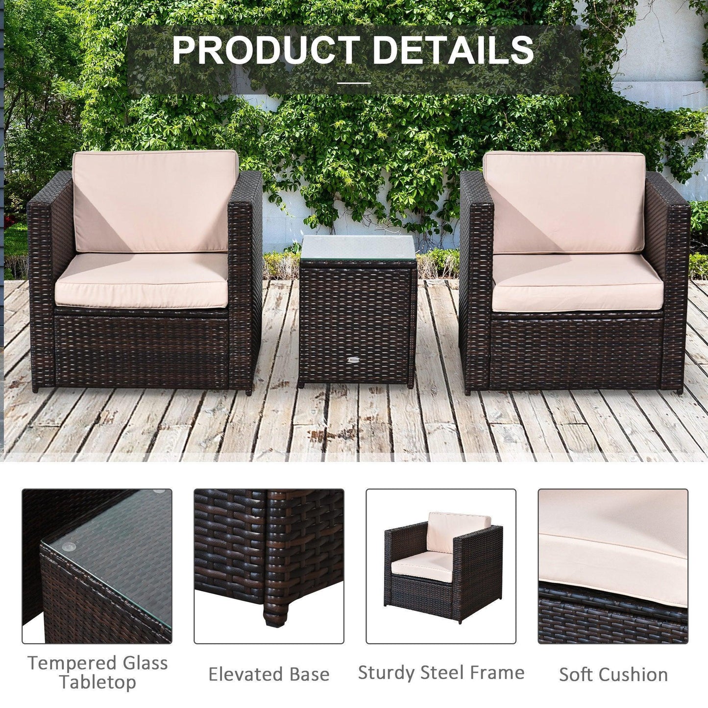 Outsunny 2-Seater Patio Sofa Set - Brown - ALL4U RETAILER LTD