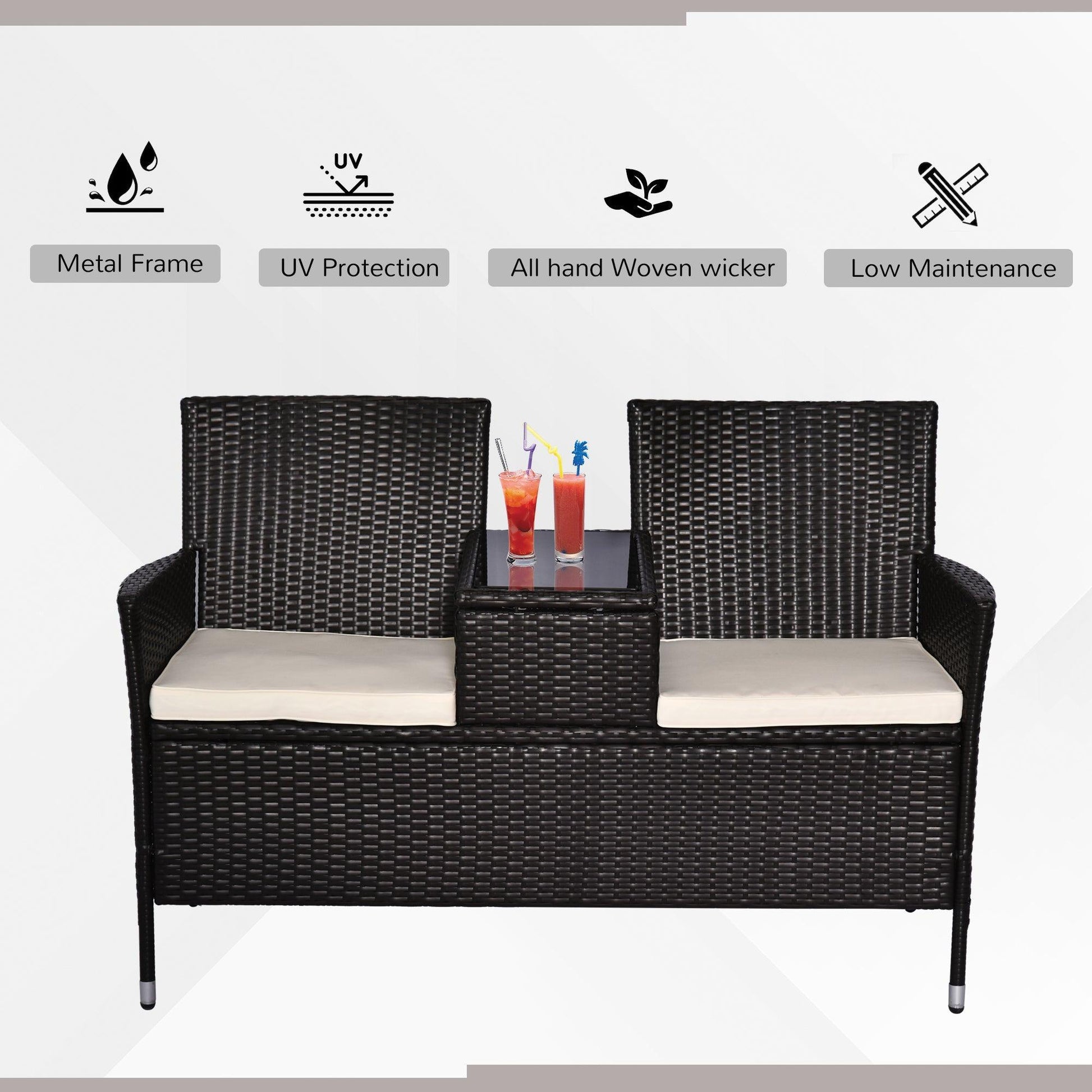 Outsunny 2 Seater Rattan Loveseat Set with Coffee Table - ALL4U RETAILER LTD