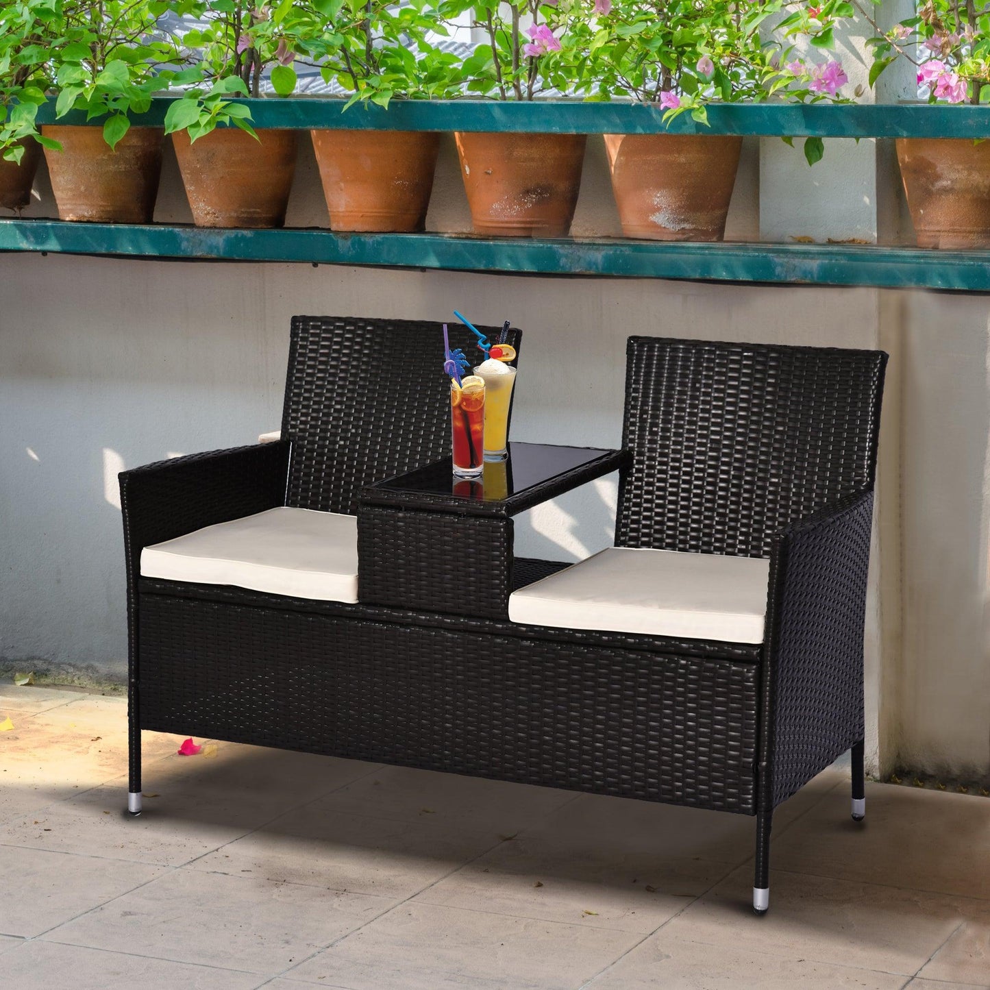 Outsunny 2 Seater Rattan Loveseat Set with Coffee Table - ALL4U RETAILER LTD