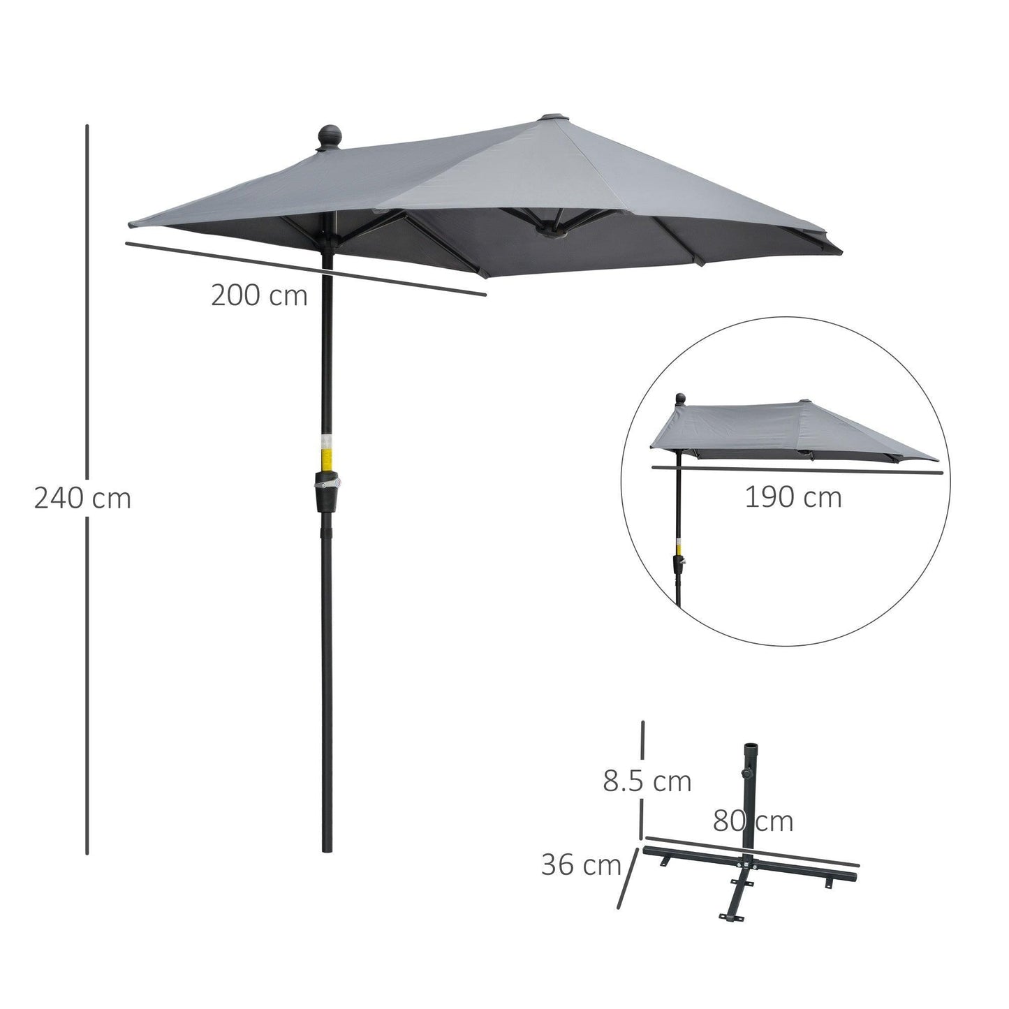 Outsunny 2m Half Umbrella - Crank Handle, Dark Grey - ALL4U RETAILER LTD