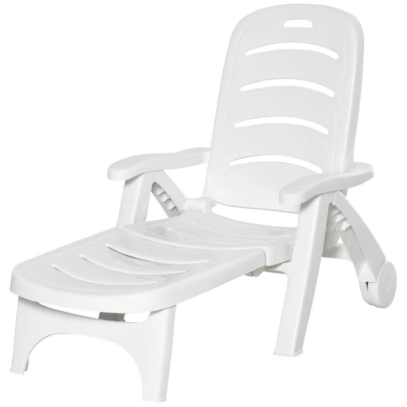 Outsunny 2PCs Folding Sun Loungers, 5-Position, Wheels, White - ALL4U RETAILER LTD